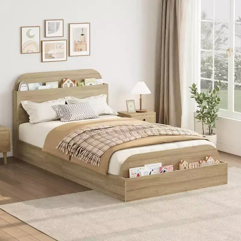 Platform Bed Frame with Storage Headboard and Raised Footboard, Solid Wood Slat Support, Low Profile, No Box Spring Needed