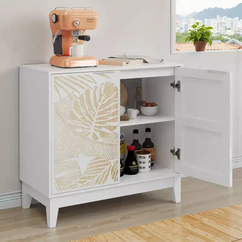 Vintage Carved Buffet Cabinet, Decorative Sideboard with 2 Doors and Adjustable Shelves,Wooden Accent Cabinet White
