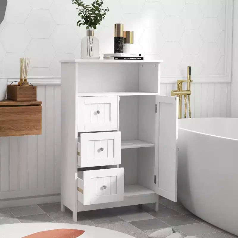 Mobile contenitore in legno stile Mid-Century Modern con 3 cassetti, anta e ripiano — Bianco