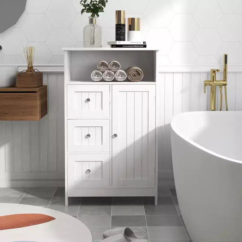 Mobile contenitore in legno stile Mid-Century Modern con 3 cassetti, anta e ripiano — Bianco