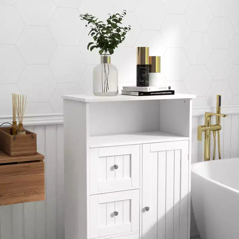 Mobile contenitore in legno stile Mid-Century Modern con 3 cassetti, anta e ripiano — Bianco