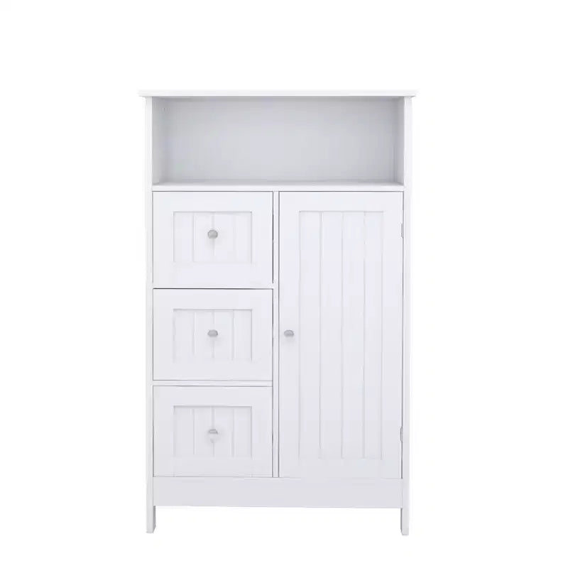 Mobile contenitore in legno stile Mid-Century Modern con 3 cassetti, anta e ripiano — Bianco