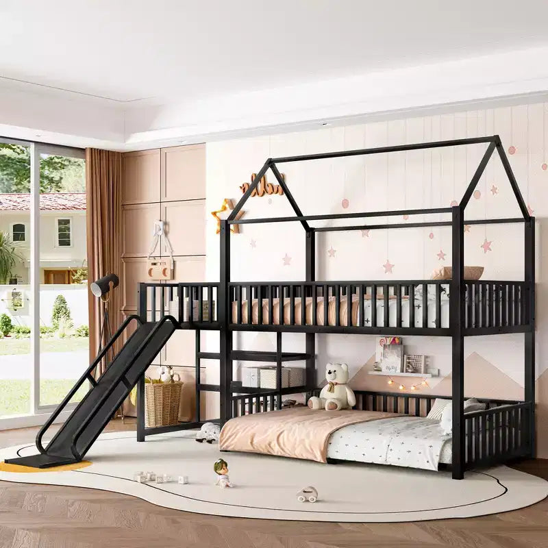 Letto a castello in metallo Twin/Full con scalini contenitore, scivolo e sponde di sicurezza - Nero