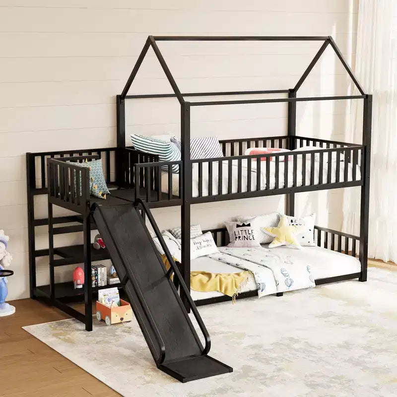 Letto a castello in metallo Twin/Full con scalini contenitore, scivolo e sponde di sicurezza - Nero