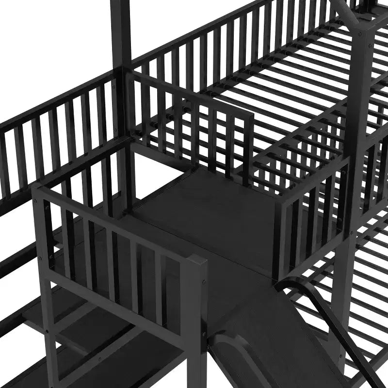 Letto a castello in metallo Twin/Full con scalini contenitore, scivolo e sponde di sicurezza - Nero