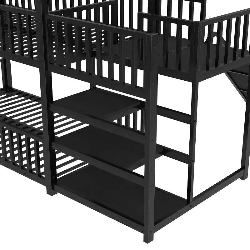 Letto a castello in metallo Twin/Full con scalini contenitore, scivolo e sponde di sicurezza - Nero