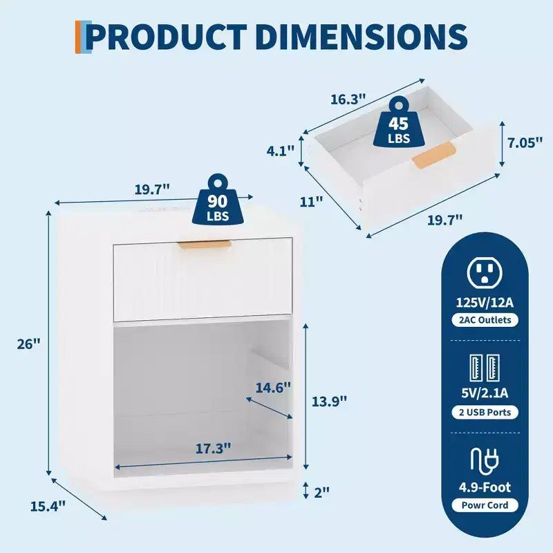 Comodino scanalato in stile rustico con stazione di ricarica e cassetti