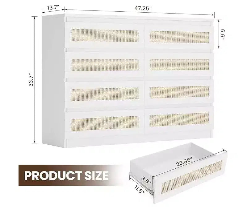 Cassettiera in Rattan a 8 Cassetti – Ampia Cassettiera in Legno per Camera da Letto, Cameretta e Soggiorno
