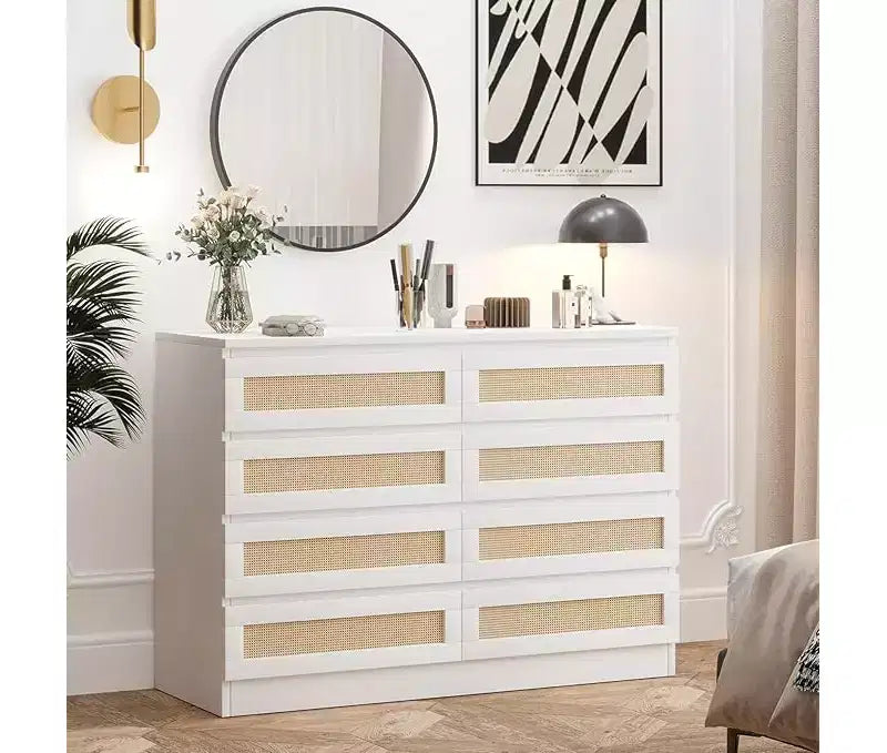 Cassettiera in Rattan a 8 Cassetti – Ampia Cassettiera in Legno per Camera da Letto, Cameretta e Soggiorno