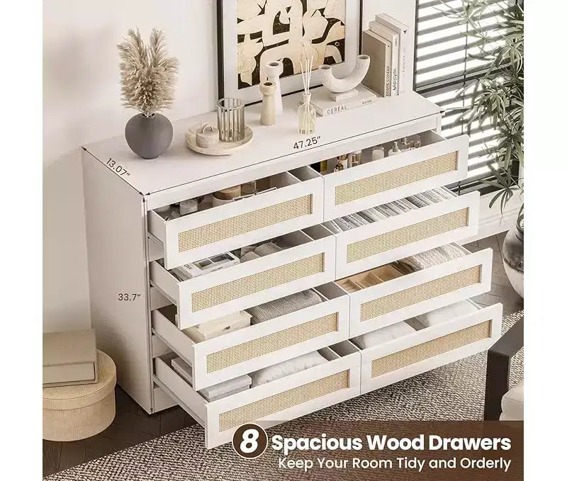 Cassettiera in Rattan a 8 Cassetti – Ampia Cassettiera in Legno per Camera da Letto, Cameretta e Soggiorno