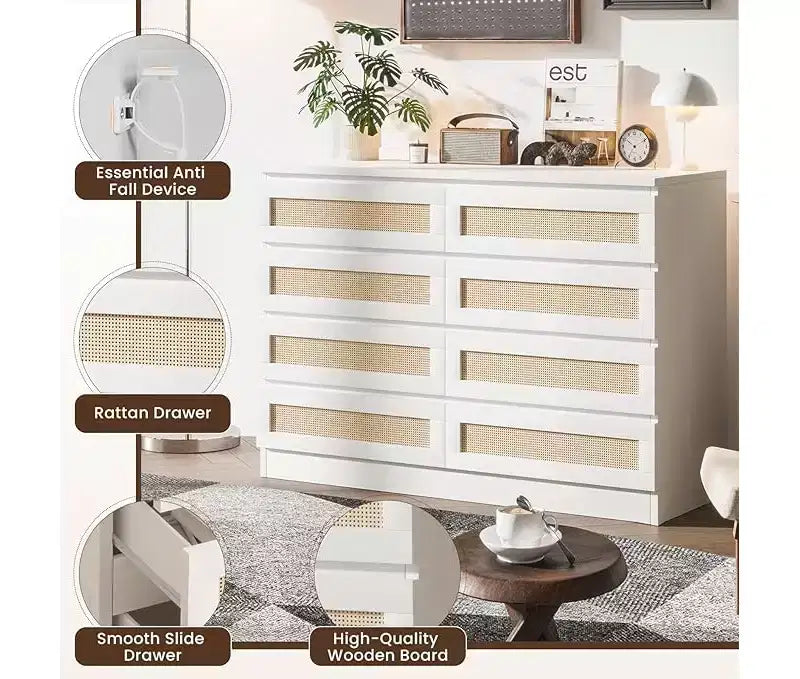 Cassettiera in Rattan a 8 Cassetti – Ampia Cassettiera in Legno per Camera da Letto, Cameretta e Soggiorno
