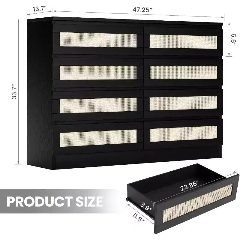 Cassettiera in Rattan a 8 Cassetti – Ampia Cassettiera in Legno per Camera da Letto, Cameretta e Soggiorno