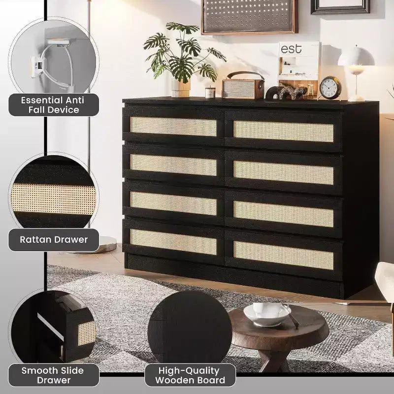 Cassettiera in Rattan a 8 Cassetti – Ampia Cassettiera in Legno per Camera da Letto, Cameretta e Soggiorno