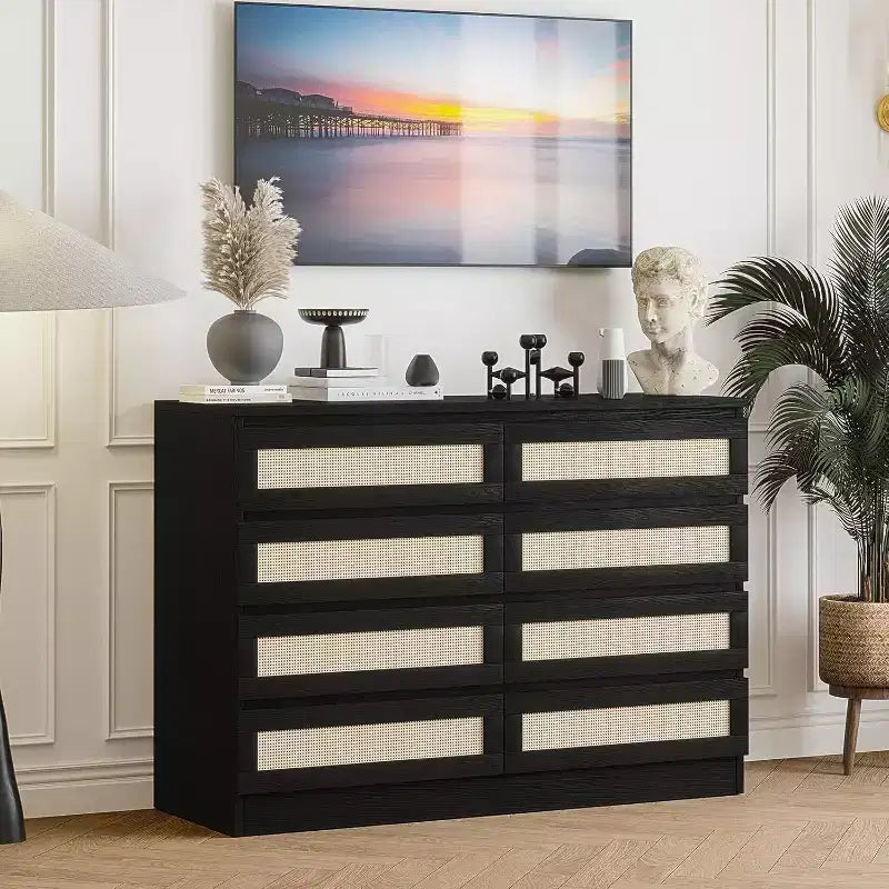 Cassettiera in Rattan a 8 Cassetti – Ampia Cassettiera in Legno per Camera da Letto, Cameretta e Soggiorno
