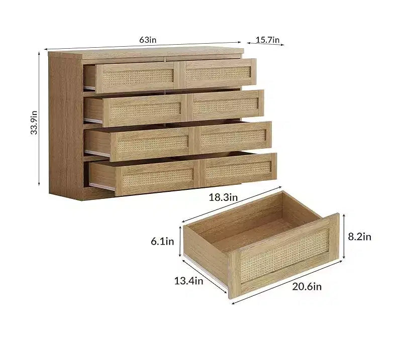 Cassettiera in Rattan a 8 Cassetti – Ampia Cassettiera in Legno per Camera da Letto, Cameretta e Soggiorno