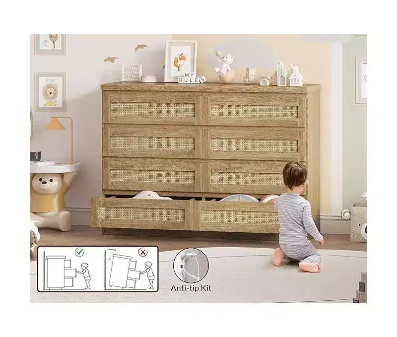 Cassettiera in Rattan a 8 Cassetti – Ampia Cassettiera in Legno per Camera da Letto, Cameretta e Soggiorno