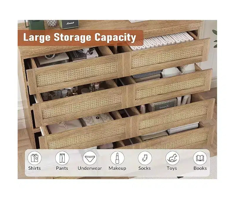 Cassettiera in Rattan a 8 Cassetti – Ampia Cassettiera in Legno per Camera da Letto, Cameretta e Soggiorno
