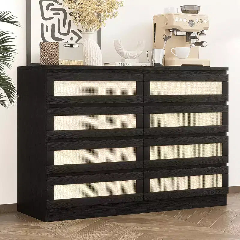 Rattan Dresser for Bedroom, Modern 8 Drawer Wooden Dresser Chest, Wide Wood Beside Table for Closet, Nursery, Living Room and Entryway