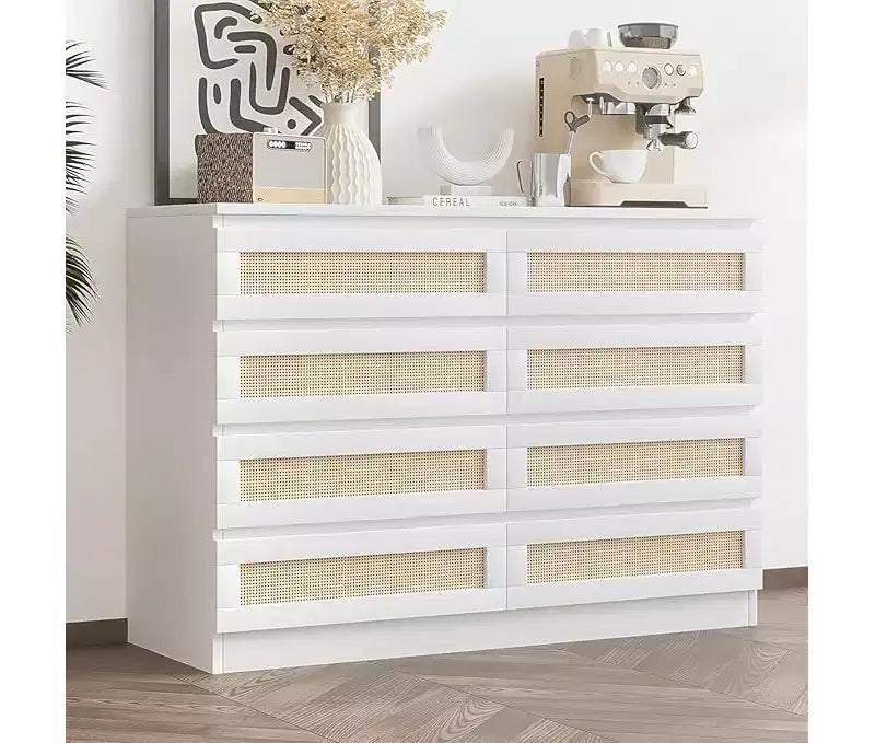 Cassettiera in Rattan a 8 Cassetti – Ampia Cassettiera in Legno per Camera da Letto, Cameretta e Soggiorno