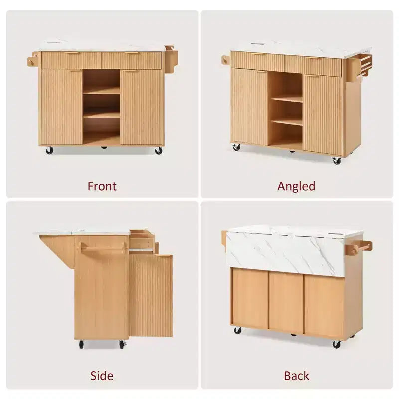 Carrello da Cucina Scanalato da 52" con Presa di Corrente e Piano Pieghevole Effetto Marmo