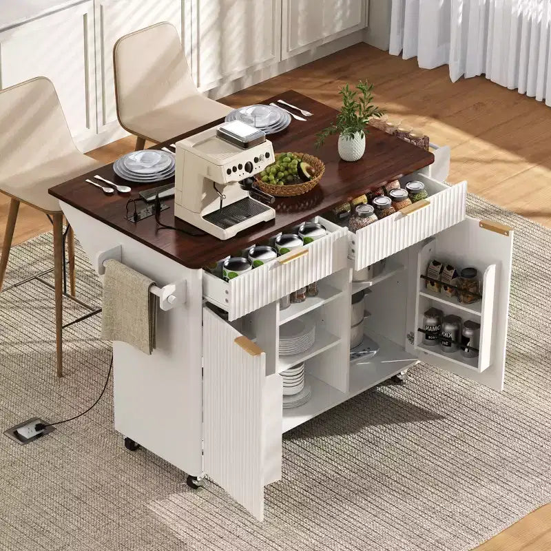 Carrello da Cucina Scanalato da 52" con Presa di Corrente e Piano Pieghevole Effetto Marmo