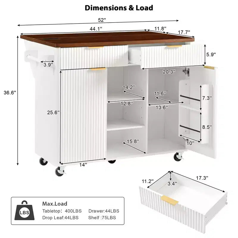 Carrello da Cucina Scanalato da 52" con Presa di Corrente e Piano Pieghevole Effetto Marmo