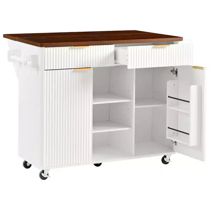 Carrello da Cucina Scanalato da 52" con Presa di Corrente e Piano Pieghevole Effetto Marmo