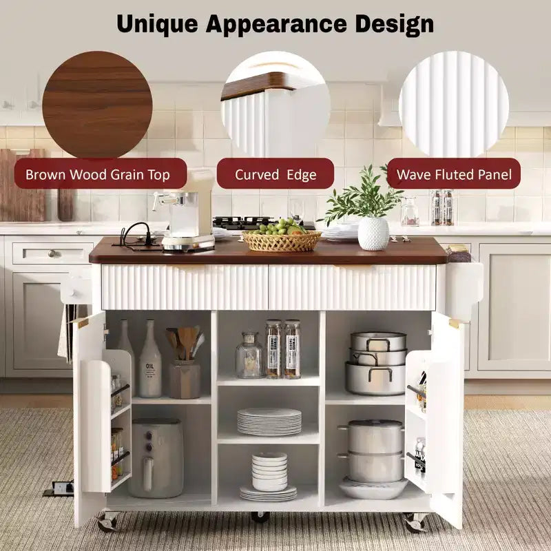 Carrello da Cucina Scanalato da 52" con Presa di Corrente e Piano Pieghevole Effetto Marmo