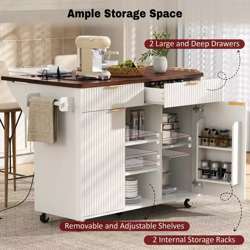 Carrello da Cucina Scanalato da 52" con Presa di Corrente e Piano Pieghevole Effetto Marmo