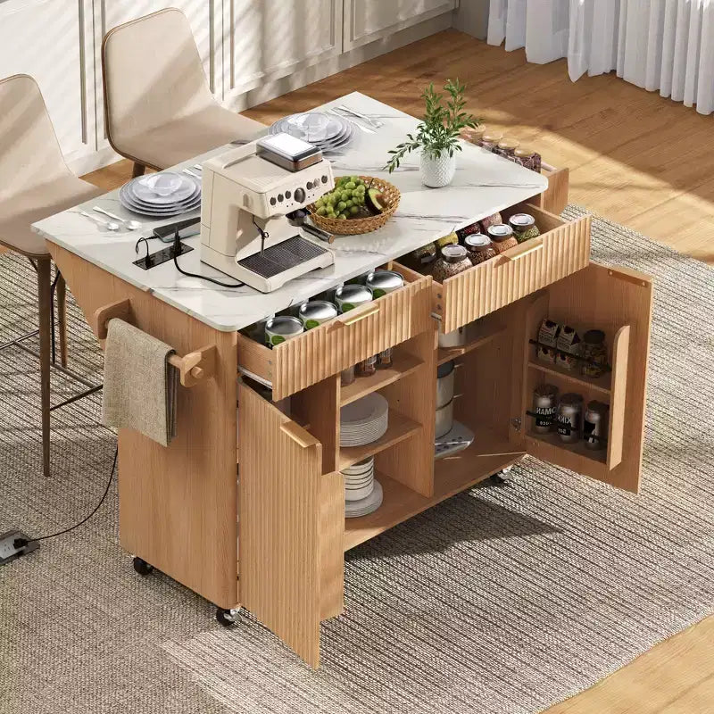 Carrello da Cucina Scanalato da 52" con Presa di Corrente e Piano Pieghevole Effetto Marmo
