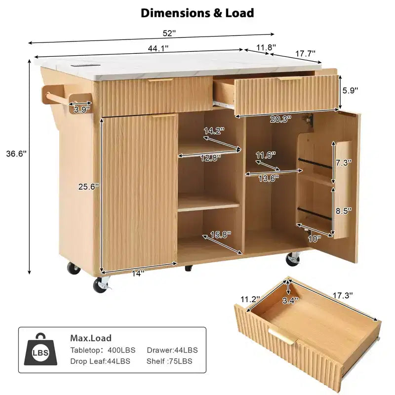 Carrello da Cucina Scanalato da 52" con Presa di Corrente e Piano Pieghevole Effetto Marmo