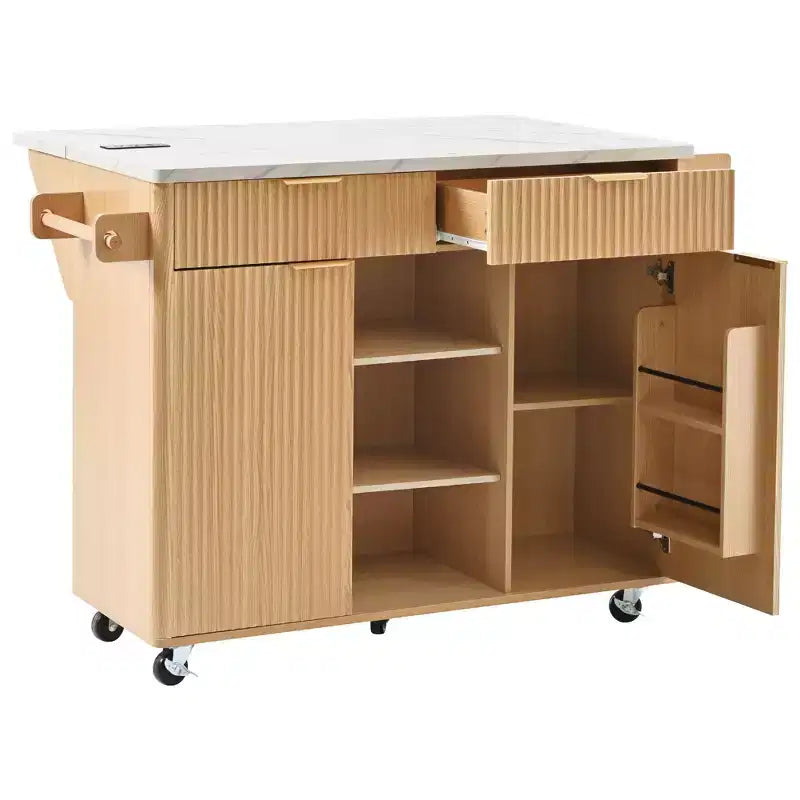 Carrello da Cucina Scanalato da 52" con Presa di Corrente e Piano Pieghevole Effetto Marmo