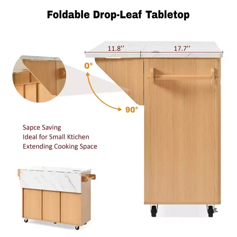 Carrello da Cucina Scanalato da 52" con Presa di Corrente e Piano Pieghevole Effetto Marmo