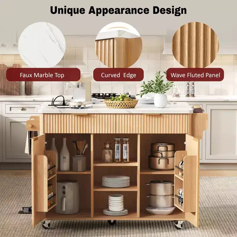Carrello da Cucina Scanalato da 52" con Presa di Corrente e Piano Pieghevole Effetto Marmo
