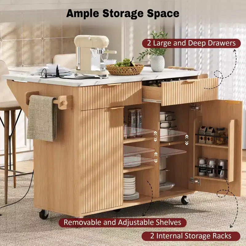 Carrello da Cucina Scanalato da 52" con Presa di Corrente e Piano Pieghevole Effetto Marmo
