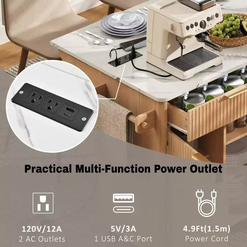 Carrello da Cucina Scanalato da 52" con Presa di Corrente e Piano Pieghevole Effetto Marmo