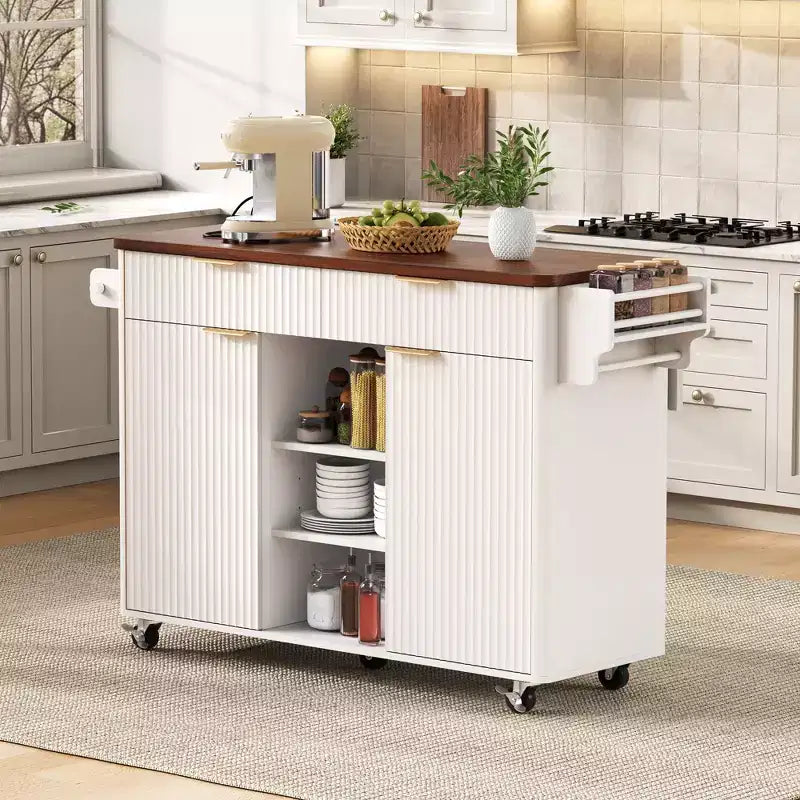 Carrello da Cucina Scanalato da 52" con Presa di Corrente e Piano Pieghevole Effetto Marmo