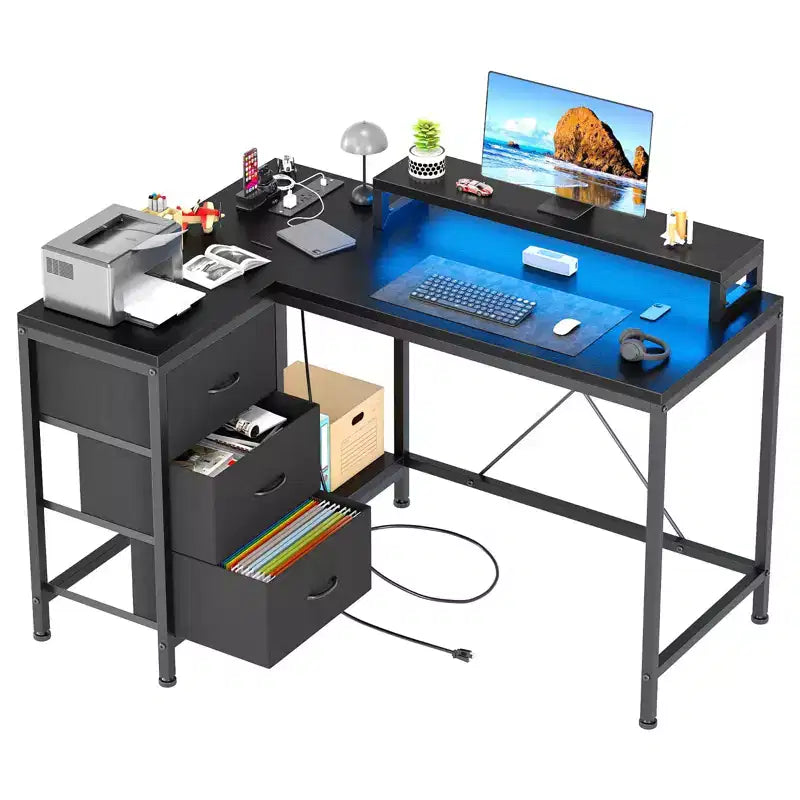 L Shaped Desk with Power Outlets & Led Lights, Computer Desk with Drawers & Shelves, Corner Desk Gaming Desk Home Office Desk, Oak