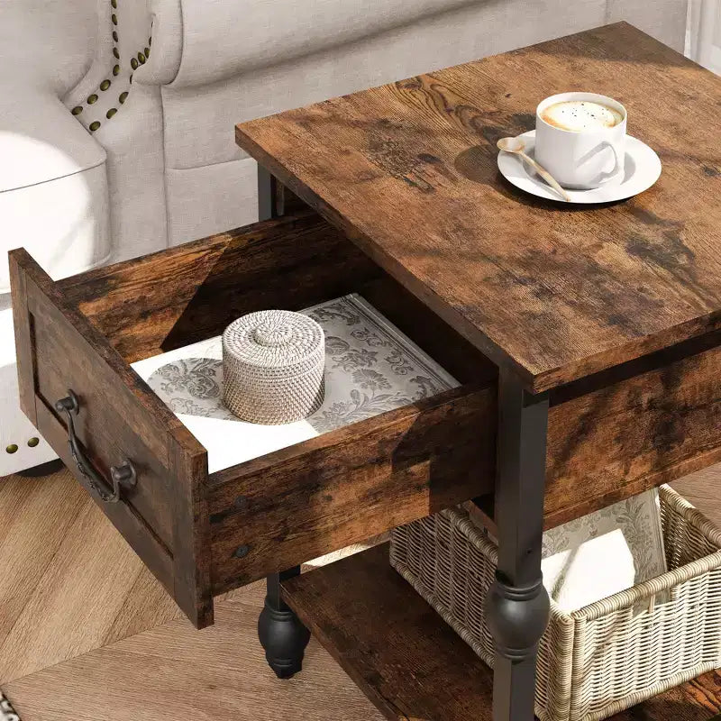 Tavolino Industriale con Cassetto e Ripiano Aperto