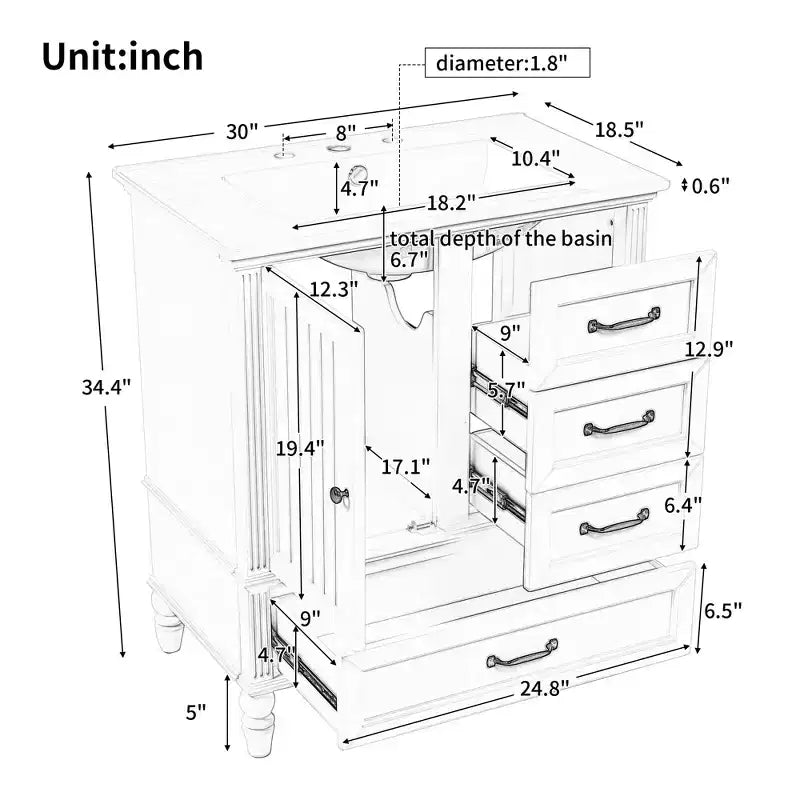 Mobile Bagno da 75 cm con Lavabo e Armadietto Contenitore