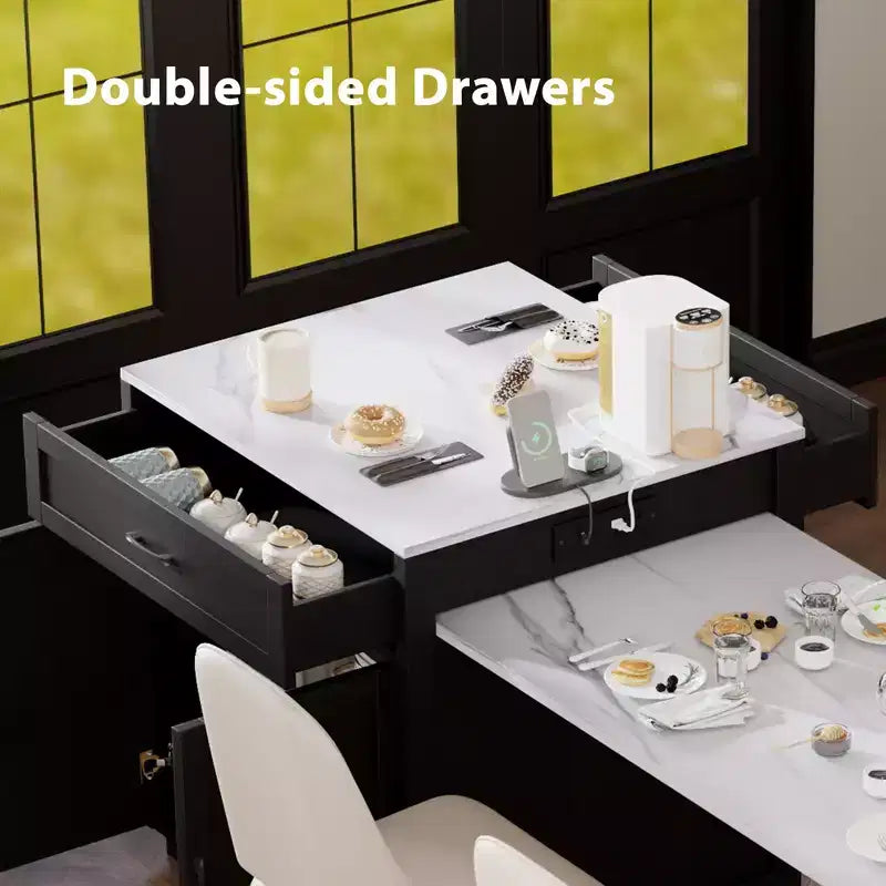 Isola da Cucina con Tavolo da Pranzo Allungabile per 2-6, Piano Effetto Marmo, Contenitore e Presa di Corrente Integrata