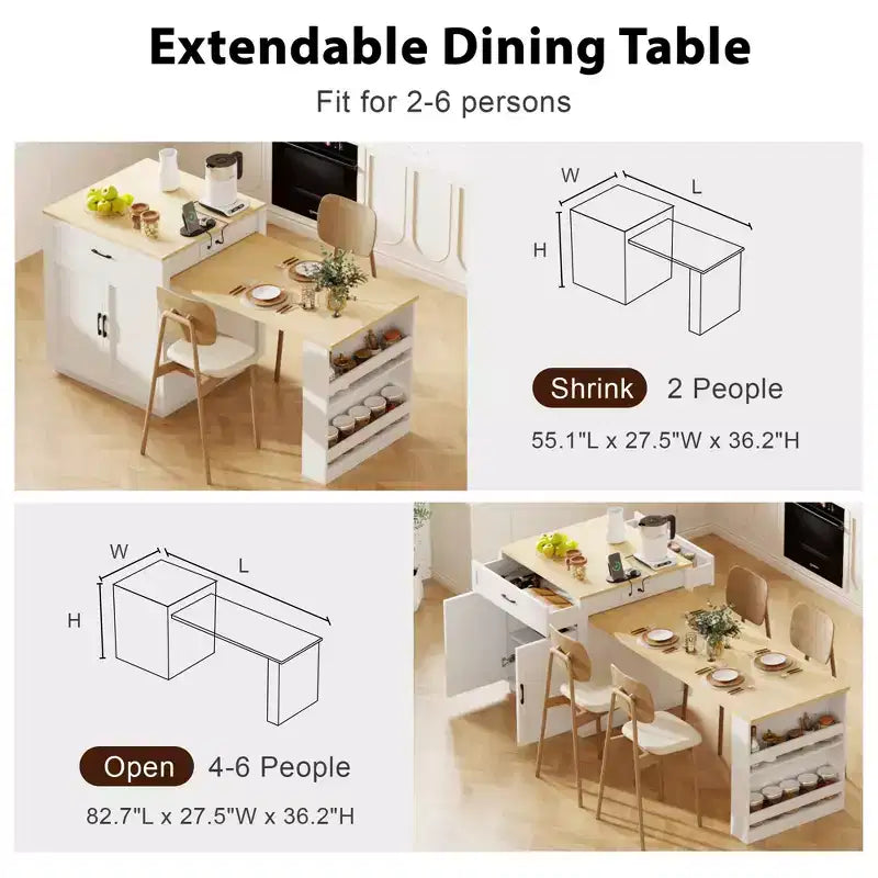 Isola da Cucina con Tavolo da Pranzo Allungabile per 2-6, Piano Effetto Marmo, Contenitore e Presa di Corrente Integrata