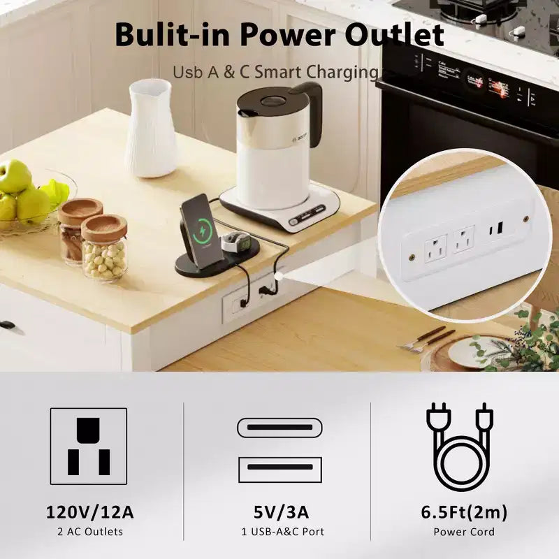 Isola da Cucina con Tavolo da Pranzo Allungabile per 2-6, Piano Effetto Marmo, Contenitore e Presa di Corrente Integrata