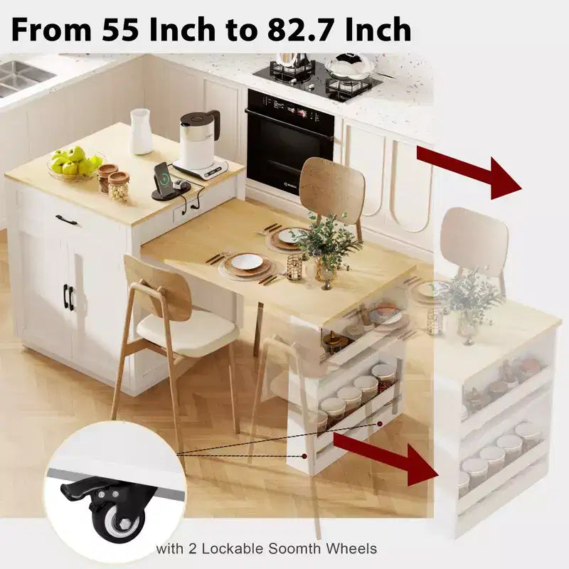 Isola da Cucina con Tavolo da Pranzo Allungabile per 2-6, Piano Effetto Marmo, Contenitore e Presa di Corrente Integrata