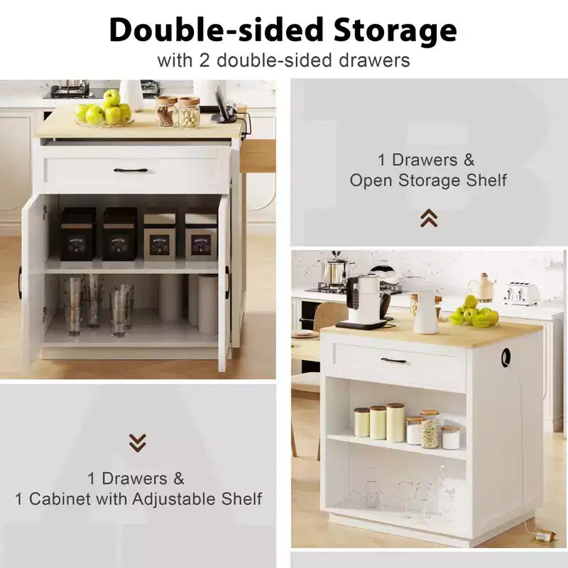 Isola da Cucina con Tavolo da Pranzo Allungabile per 2-6, Piano Effetto Marmo, Contenitore e Presa di Corrente Integrata