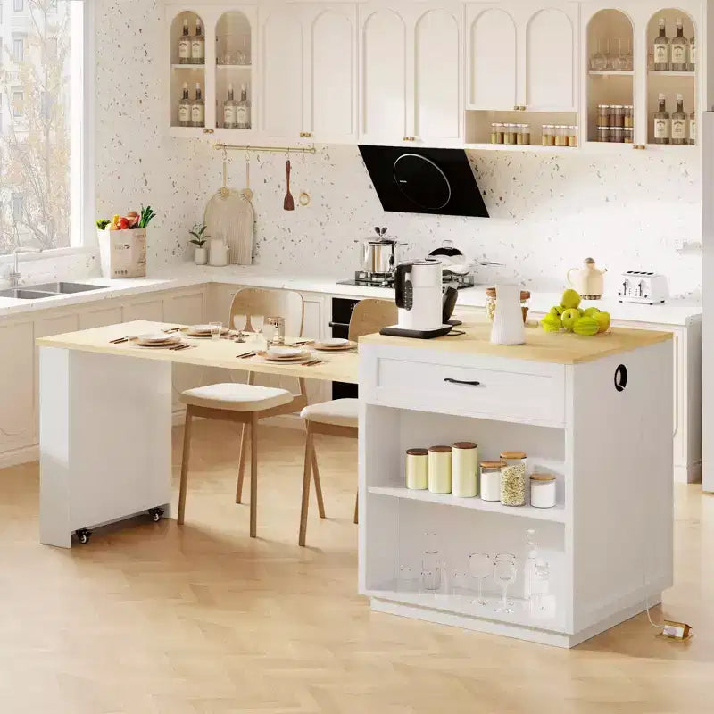 Isola da Cucina con Tavolo da Pranzo Allungabile per 2-6, Piano Effetto Marmo, Contenitore e Presa di Corrente Integrata