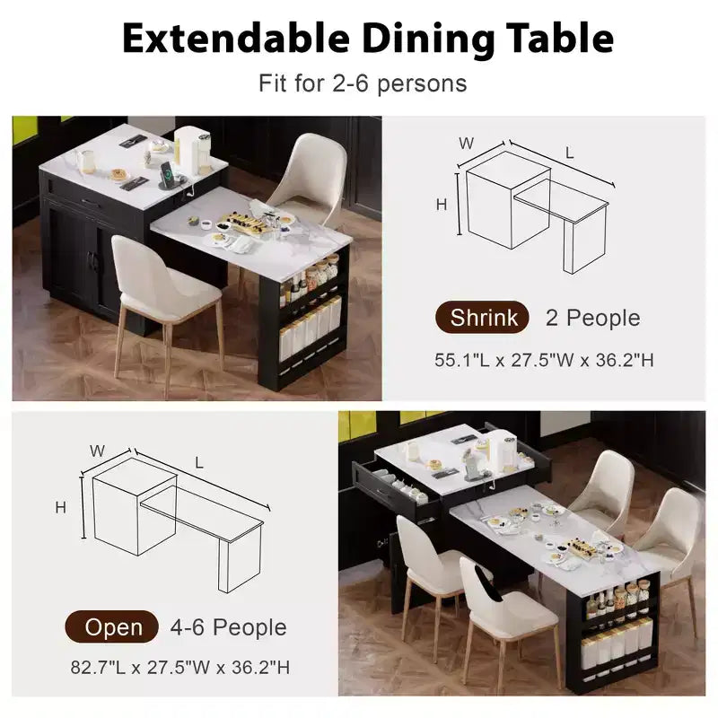 Isola da Cucina con Tavolo da Pranzo Allungabile per 2-6, Piano Effetto Marmo, Contenitore e Presa di Corrente Integrata