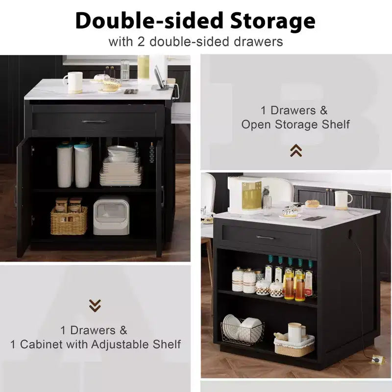 Isola da Cucina con Tavolo da Pranzo Allungabile per 2-6, Piano Effetto Marmo, Contenitore e Presa di Corrente Integrata