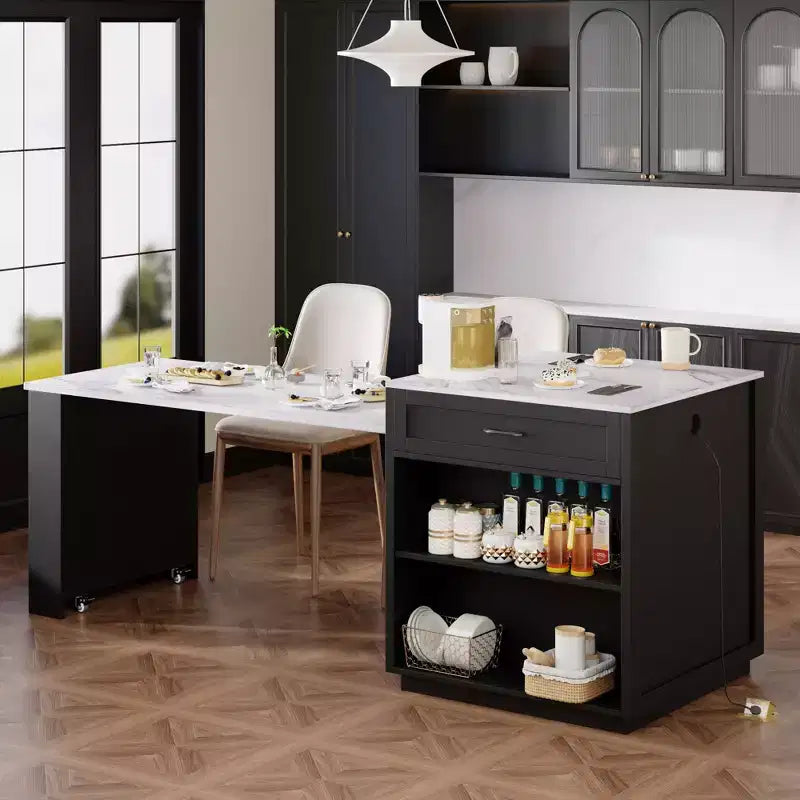 Isola da Cucina con Tavolo da Pranzo Allungabile per 2-6, Piano Effetto Marmo, Contenitore e Presa di Corrente Integrata