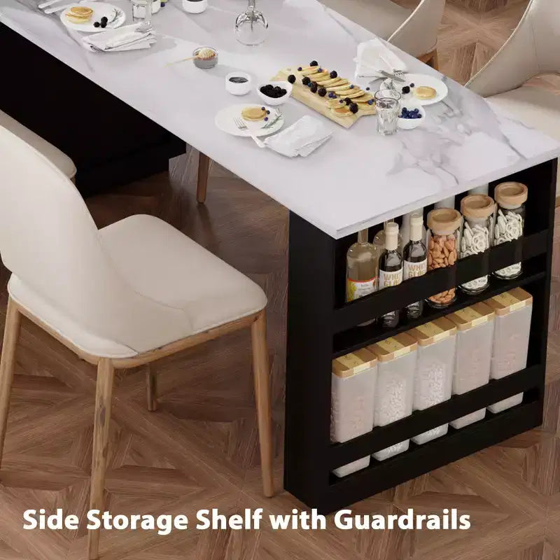 Isola da Cucina con Tavolo da Pranzo Allungabile per 2-6, Piano Effetto Marmo, Contenitore e Presa di Corrente Integrata